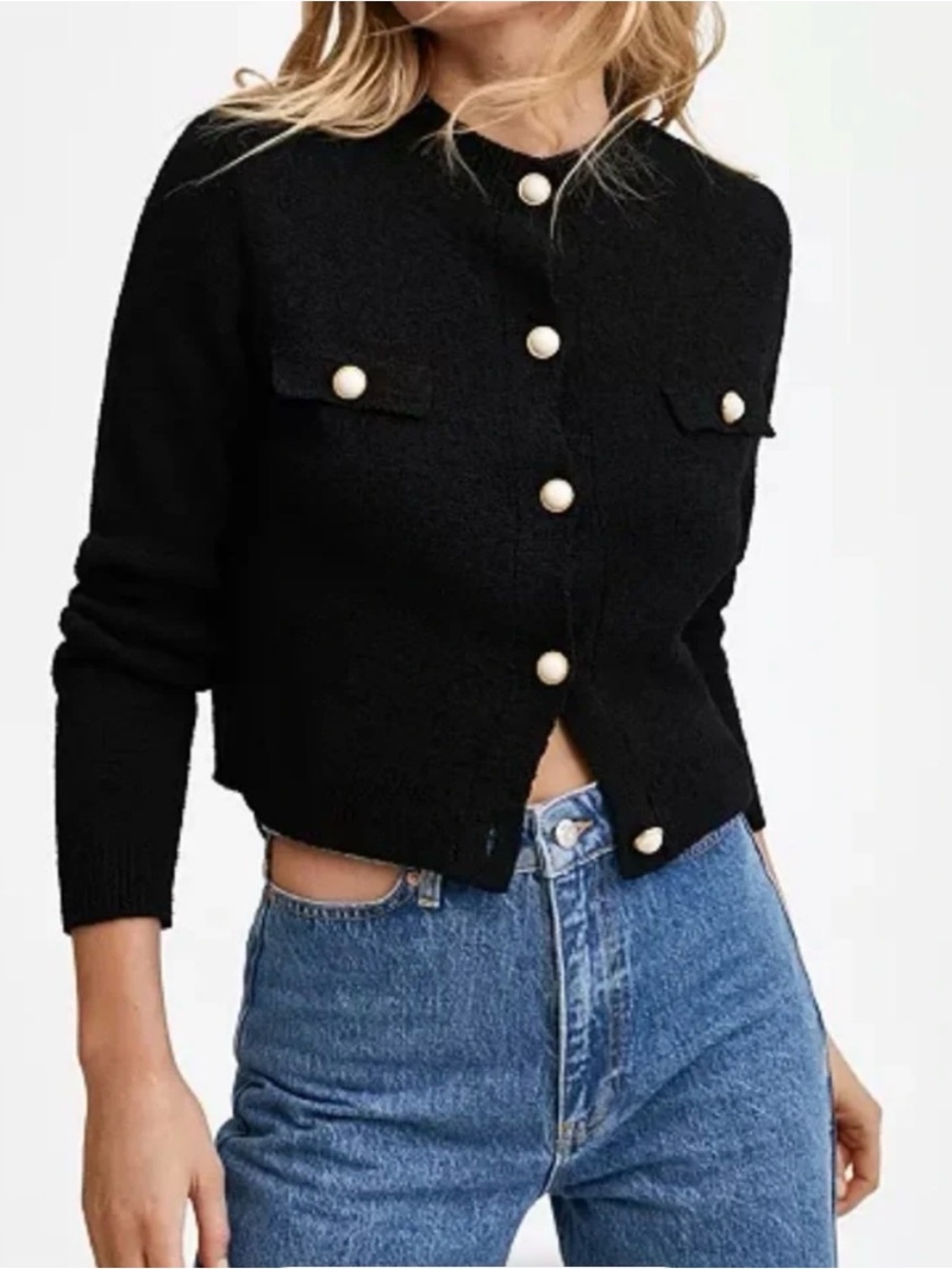 Mango Black Cropped Pearl-Button Knit Cardigan